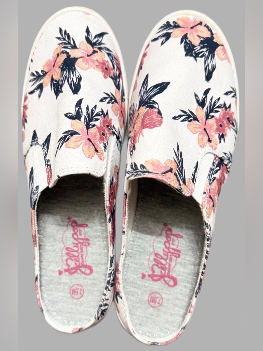Jellypop White Canvas Slip-On Mules with Pink Floral Print
